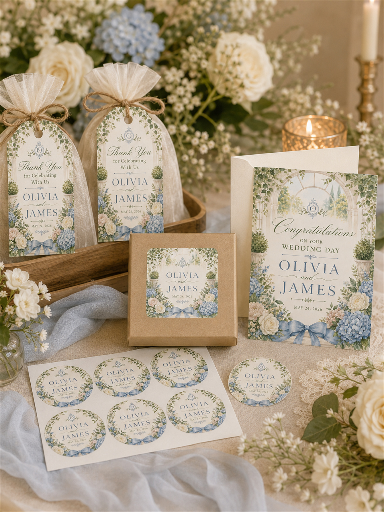 Gray-blue and romantic wedding decorations - garden arch design - custom names and dates